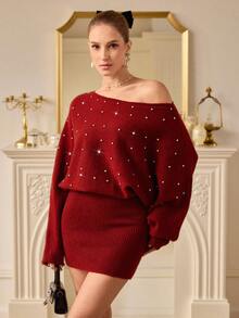 Aveloria Rosie 秋冬酒红色露肩宽松收腰仿珍珠装饰派对圣诞新年百搭优雅毛衣连衣裙 - 酒紅色 - 查看 4
