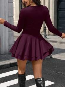 Pariaura 弹力针织纯色紧身深 V 领褶皱腰喇叭下摆双层超长 A 字裙，优雅休闲时尚度假通勤简约春秋 - 酒紅色 - 查看 2