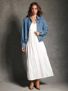 WESTFADE Collared Snap Button & Zipper Front Relaxed Cotton Blend Denim Cropped Bomber Jacket Back To School Cute Fall Clothes Summer Country Concert - Dark Wash - View 5