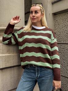 Vivie Lora Women's Striped Patchwork Loose Casual Sweater - Brown - View 3