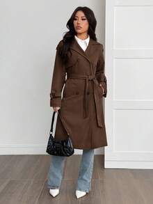 SHEIN PETITE Women's Solid Color Minimalist Casual Long Sleeve Trench Coat,Women's Winter Clothes - Brown - View 5