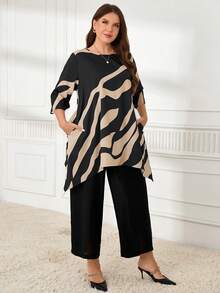 Miaspire 2 件加大时尚奶奶秋装 Curvethanksgiving 女士服装尺码休闲撞色不对称下摆上衣和裤子套装，秋季 - 卡其色 - 查看 4