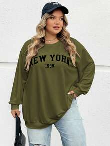 SHEIN CURVE+ 秋冬大码休闲宽松纽约图案圆领长袖女式运动衫 - 軍綠色 - 查看 8