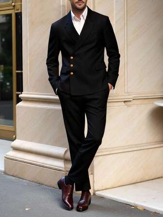 Manfinity Bizformal Men's Solid Color Single-Breasted Suit Set, Lapel, Men's 2 Pieces Suit, Wedding Suit, Can Be Easily Matched With Wedding, Party, Business, Graduation Ceremony, Date, Work, Meeting, Ball And Other Formal Business Suits (Suit Jacket And Trousers), A Great Gift For Friends, Fathers, Brothers And Sons Men S Jacket Suit Double Breasted Blazer Men Men Blazer Suit Black And Gold Men Suit Men Double Breasted Suit