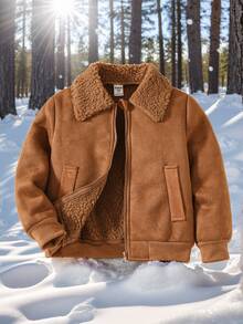 Tween Boy Solid Color Sherpa Lined Zip-Up Casual Jacket, Autumn/Winter Burgundy Boho Goth Y2k Rave Vacation Holiday Festival Christmas Fall Winter Vintage Casual Cozy