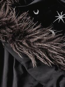 ROMWE Hippie Women's Moon & Star Sequin Embroidered Faux Fur Jacket - Black - View 5