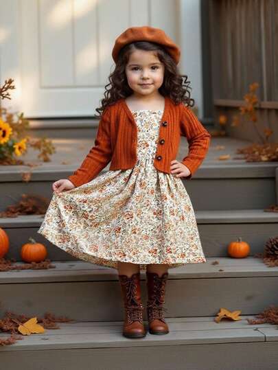 SHEIN Baby Mädchen süßes lässiges gestricktes Cardigan-Kleid-Set mit Blümchen-Muster