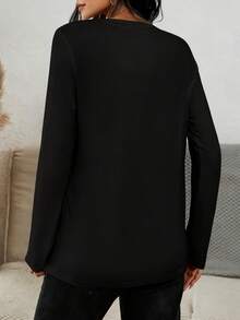 Rovax 女士爱心印花休闲宽松圆领长袖T恤 - 黑色 - 查看 2