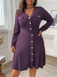 Vionelle Plus Size V-Neck Long Sleeve Cinched Waist A-Line Midi Dress,Dark Purple,Autumn,Elegant,Formal Solid Color Ribbed Button Violet Dress - Purple - View 8