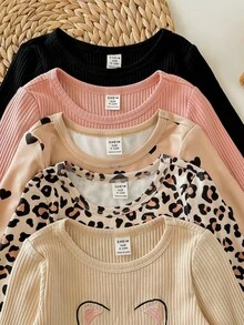 SHEIN Babygirl 可爱休闲针织豹纹卡通图案长袖上衣 - 彩色 - 查看 6