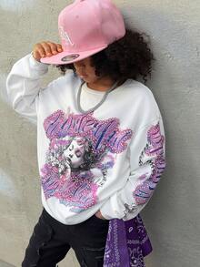 Coolane Kids Tween Boy Spring/Summer, Casual Simple Pattern Long Sleeve Loose Pullover Thick , Vintage Painting Pullover Sweatshirt,Suitable For Casual - White - View 3