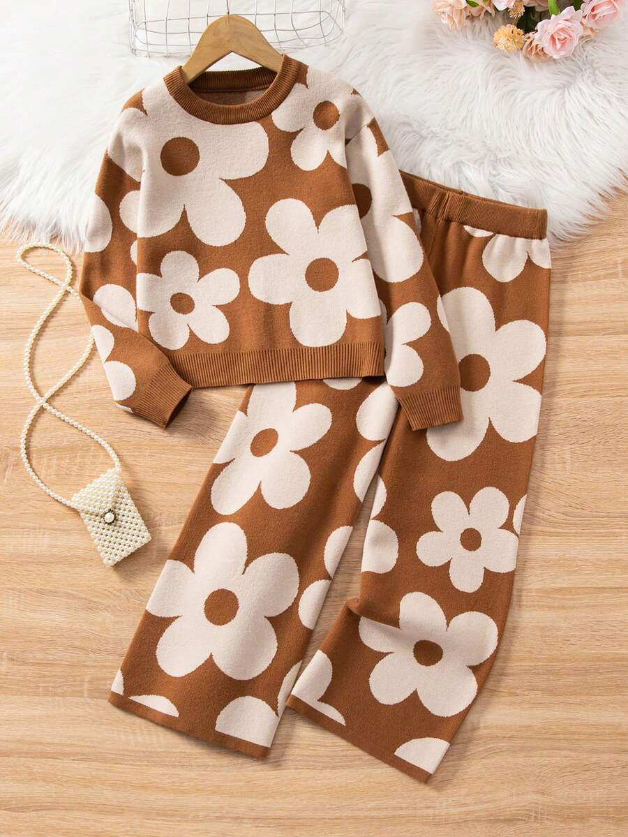 Bộ áo len và quần legging dệt kim Jacquard 2 mảnh cho bé gái, họa tiết thời trang, tay dài, bộ đồ hai mảnh mùa thu/đông cho trẻ em, bộ đồ mặc nhà màu nâu cho bé gái, bộ đồ 2 mảnh cho bé gái, bộ đồ màu nâu cho bé gái, bộ đồ phối hợp cho bé gái tuổi teen, bộ đồ dệt kim hai mảnh tay dài cho bé gái tuổi teen, bộ đồ hai mảnh áo len cho bé gái, bộ đồ dệt kim cho bé gái, bộ đồ mùa xuân và mùa thu cho bé gái, bộ đồ mặc nhà cho bé gái, quần áo mùa thu và mùa đông, áo nỉ, quần ống thẳng, bộ đồ cho bé gái tuổi teen, bộ quần áo hai mảnh dệt kim, bộ đồ dệt kim ấm áp, bộ đồ dệt kim hai mảnh, bộ áo len và quần dệt kim, bộ đồ dệt kim phối hợp. - màu nâu - Xem 1