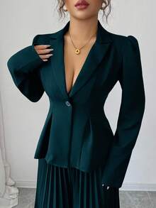 Elenzga 女士优雅通勤黑色西装外套，翻领和金边装饰纽扣，长泡泡袖，合身设计 + 女士优雅通勤黑色褶皱设计宽松阔腿裤，春秋 - 綠色 - 查看 4