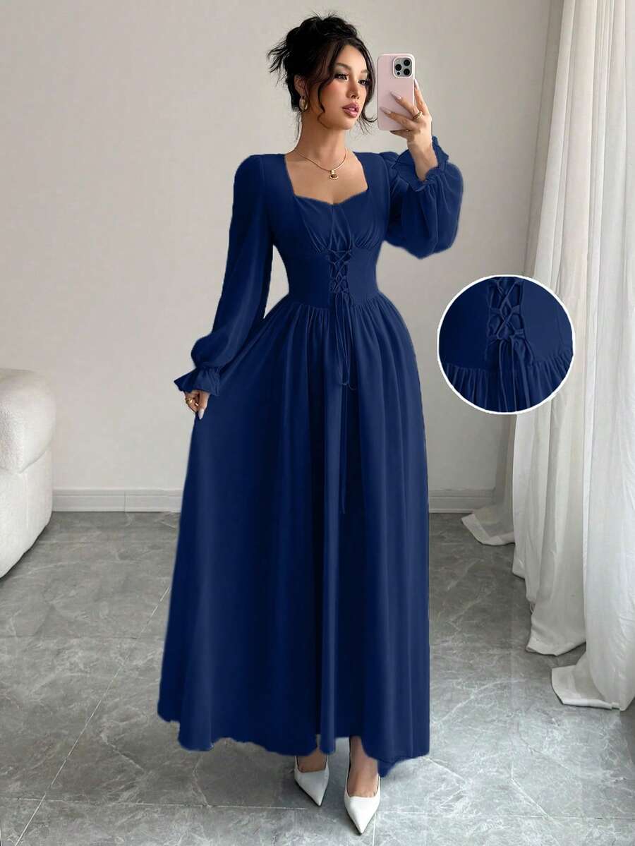Modelyn Đầm suông cổ tim tay dài buộc dây phía trước cao cấp cho nữ - Màu xanh lam - Xem 1