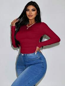 Zolique Damen einfarbiges Rundhals Gerafftes Kurzes Figurbetontes Langarm T-Shirt - Rot - Übersicht 5