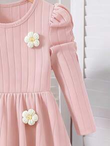 Elladie kids 女童休闲可爱圆领插肩泡泡袖收腰短款纯色针织碎花连衣裙 - 粉色 - 查看 4