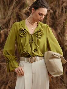 Chiquease Women's Solid Color 3D Floral Decor Long Sleeve Boat Neck Ruffle Chiffon Blouse - Mustard Yellow - View 2