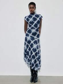 Maija 2025 Autumn/Winter Plaid Print Round Neck Dolman Sleeve Maxi Dress For Women, Modern Elegant Urban Romantic Dignified Minimalist Vintage Style, Suitable For Wedding Guest, Birthday, Halloween, Business Casual, Date, Party, New Year, Christmas Elegant Dresses For Party Winter Dresses For Women Christmas Women's Clothing Women Plaid Dress Plaid Dress Women Blue Plaid Dress Stretchy Dress For Women Stretchy Dresses Stylish Clothing Collection New Year Dress Women Plaid Midi Dress - Navy Blue - View 6