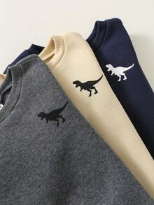 SHEIN 3pcs/Set Thickened Fleece Baby Boy Sweatshirts (Without Pants), Solid Color Dinosaur Print Crew Neck Long Sleeve Sweatshirts, Comfortable Casual Daily Wear, Suitable For Indoor, Outdoor, Sports, Party, Photography, Festival, Streetwear, Christmas, New Year, Autumn/Winter
