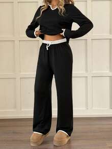 SHEIN Ensemble de pyjama pour adolescentes avec bordure contrastée, encolure échancrée et nœud devant - Noir et Blanc - Voir 3
