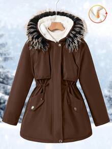 Tween Girl Detachable Faux Fur Collar Cinched Waist Parka Coat With Large Pockets, Suitable For Casual, Commute, School, Autumn/Winter - Coffee Brown - View 3