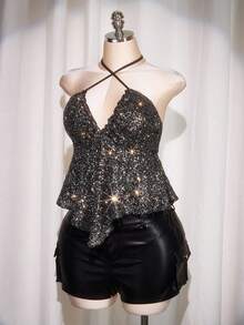 SHEIN ICON Áo hở lưng sequin chéo cỡ lớn, thích hợp cho tiệc tùng, hẹn hò, Y2K, Giáng sinh - Nhiều màu - Xem 8