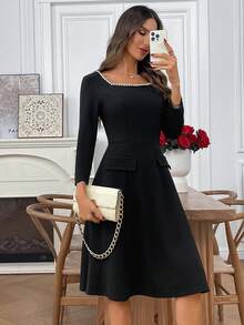 EMERY ROSE 女士优雅通勤A字连衣裙，珍珠装饰方领 - 黑色 - 查看 8