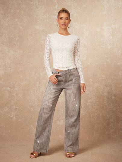 Lumalex Jeans de pierna recta con ajuste holgado y adornos de strass para mujer