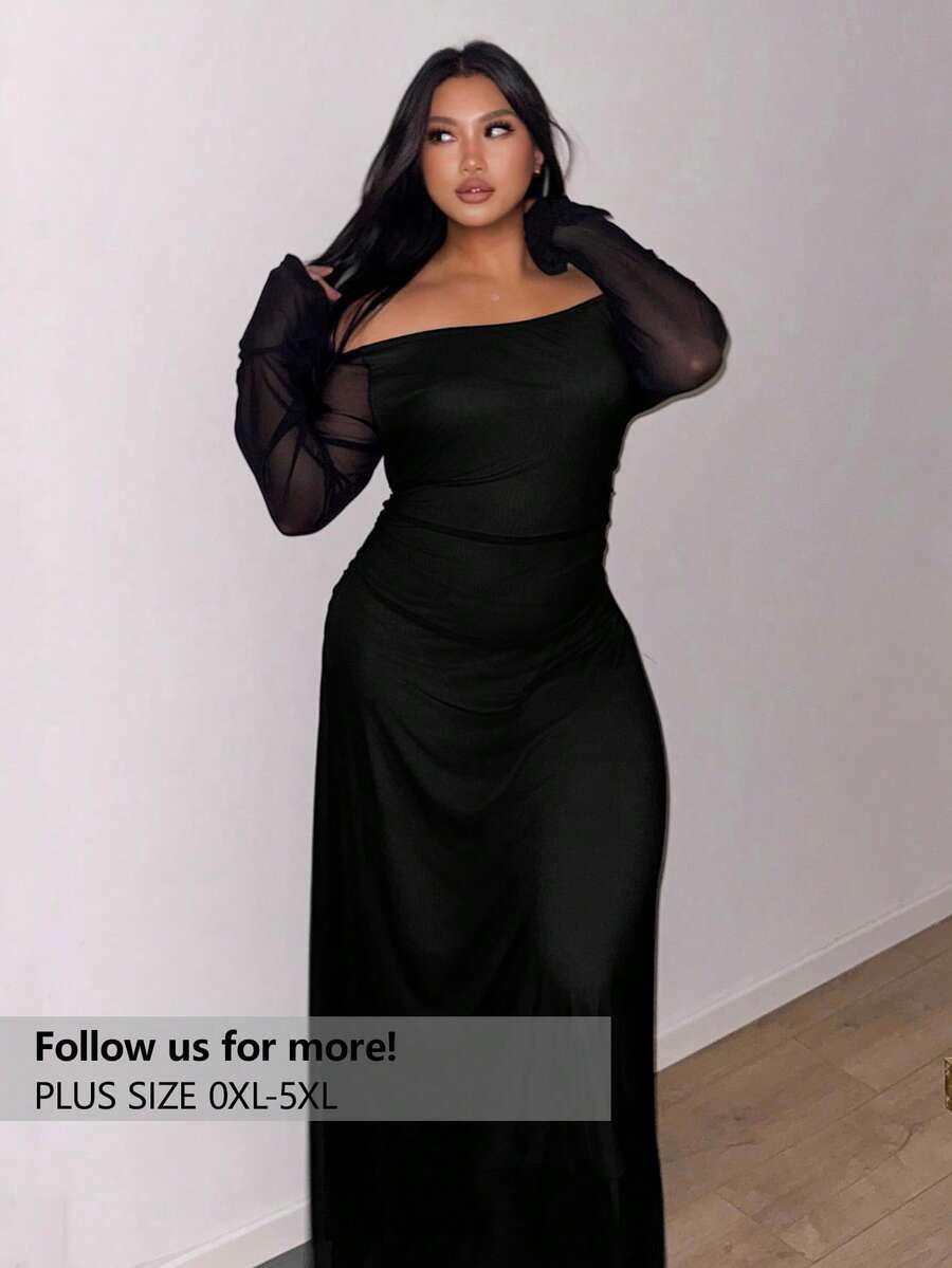 Firerie 大码优雅通勤办公室知性高端下午茶微性感约会音乐会派对INS流行复古学院风优雅性感派对聚会约会红色露肩网纱叠加长袖半透视鱼尾裙；节日；新年；派对；优雅办公室仙女长裙；新年派对礼服 - 黑色 - 查看 1