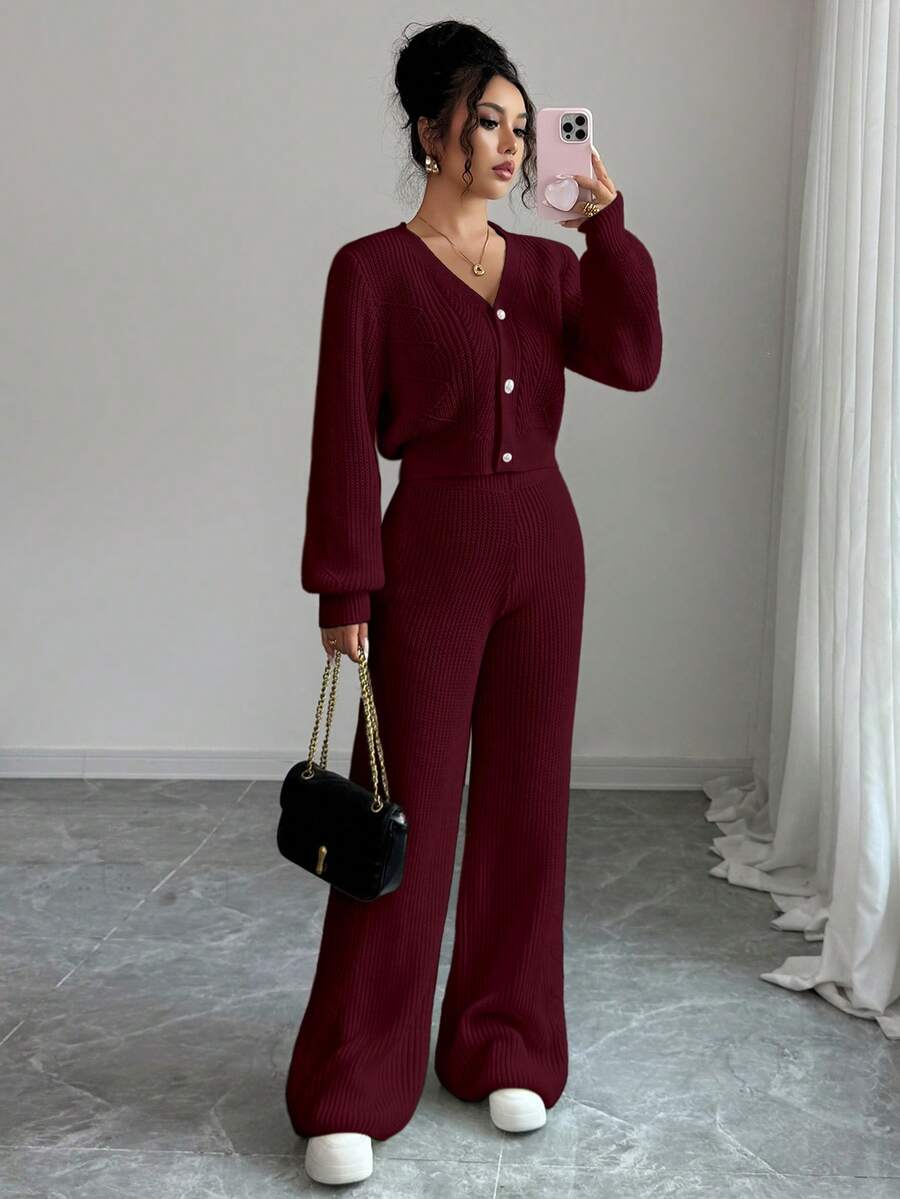 Elenzga Women's Elegant Diamond Texture Pearl Button Front Blouse & Loose Fit Pants Knit Two Pieces Set - Burgundy - View 1