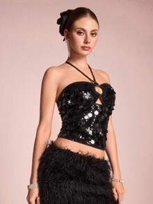 ROMWE EDITION Y2K 性感俱乐部装闪亮亮片挂脖修身女式上衣 - 彩色 - 查看 4