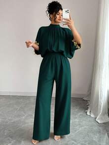 Elenzga Plus Size Women's Elegant Short Sleeve Jumpsuit, Stand Collar, Back Tie, Embroidered Cuffs, Suitable For Casual And Party Wear - Dark Green - View 1