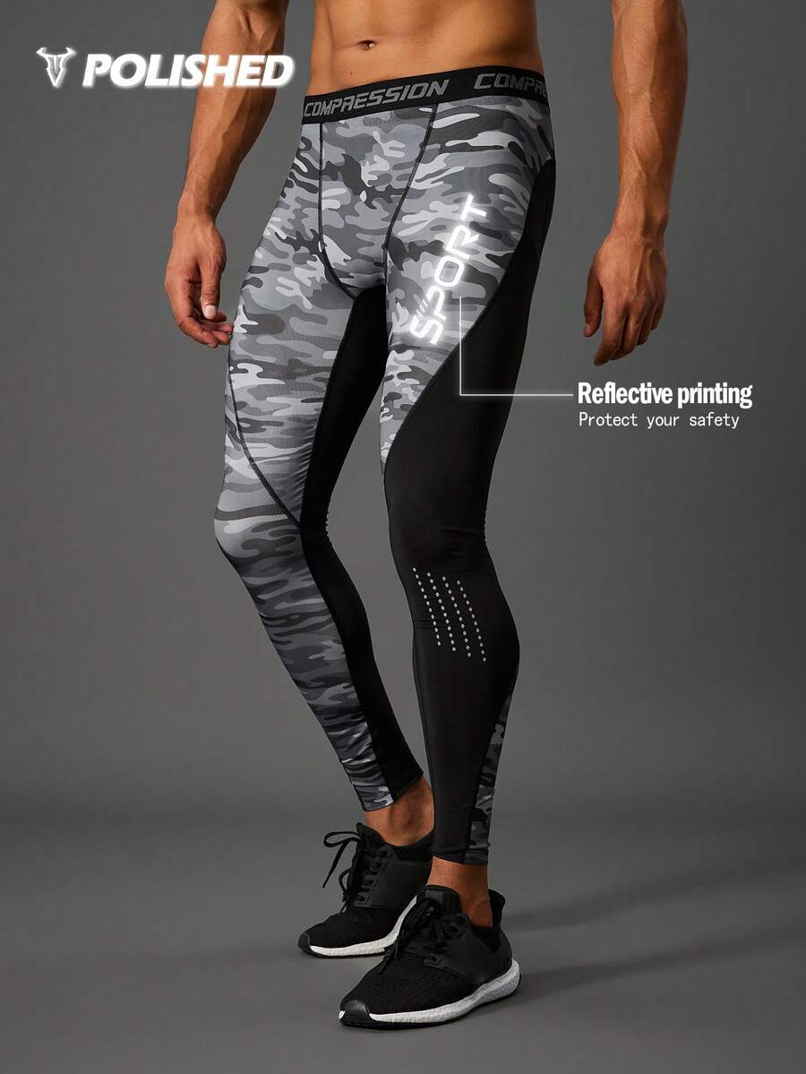 Manfinity Sport Polished 男士字母腰带迷彩印花运动压缩裤 - 黑色 - 查看 1