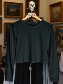 Mujer crop top deportivo urbanoimpresión araña tejido elástico ajuste ceñido cuello redondo manga larga primavera verano entrenamiento - Negro - Ver 4