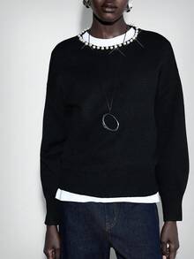 Chiquease pull en tricot noir à col rond, manches bouffantes, perles, décontracté et polyvaleance pour femmes - Noir - Voir 6