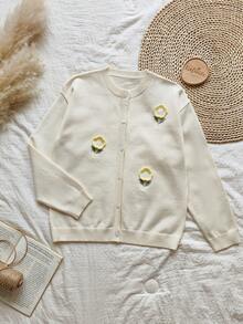 Vintaside Kids Áo khoác cardigan dệt kim cài nút cổ tròn tay dài thêu hoa dễ thương cho bé gái, mùa xuân/thu - Màu vàng - Xem 4