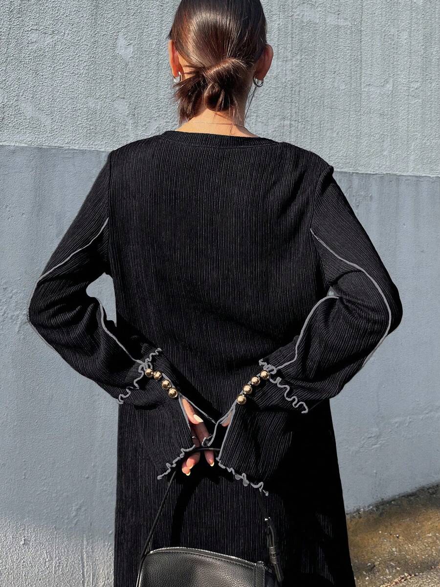 FRIFUL Đầm suông dáng dài, chất liệu gân nổi, phối ren màu tương phản, dành cho nữ, thích hợp mặc mùa thu. - màu đen - Xem 1