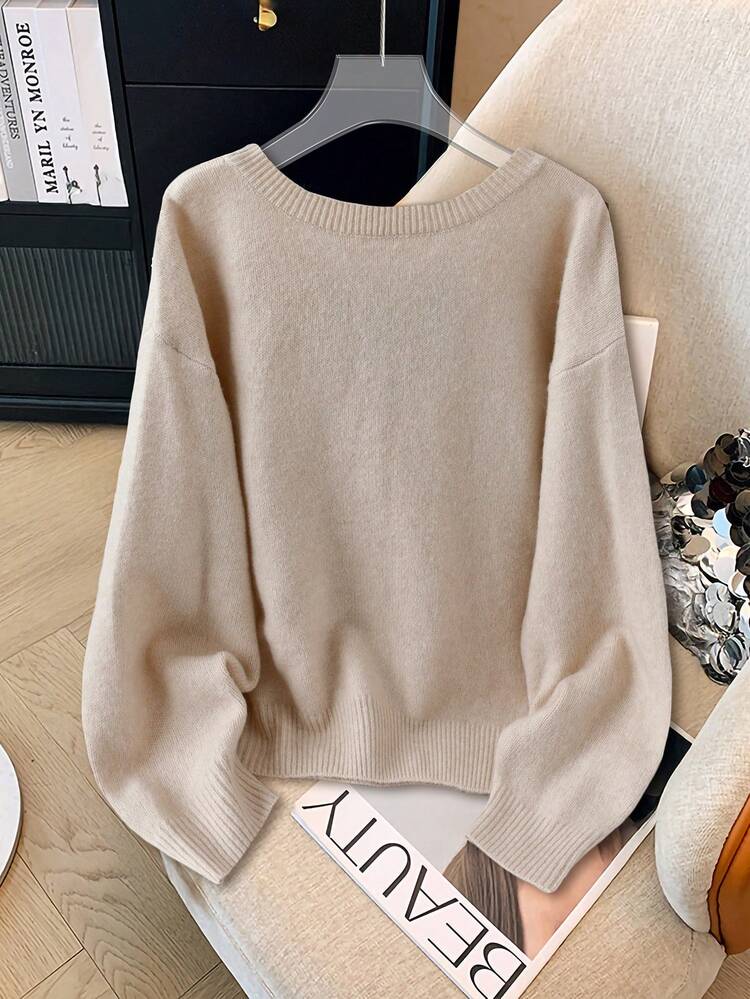 SHEIN PETITE CURVE 大码休闲V领蝴蝶结露背宽松套头毛衣，女士秋季服装 - 杏色 - 查看 7