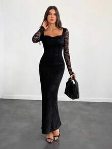 SHEIN Tall Sexy Lace Long Sleeve Fitted Bodycon High Slit Dress For Party, Date, Evening, Spring & Summer