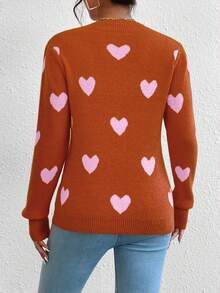 LanaWest Heart Jacquard Crew Neck Casual Long Sleeve Women Sweater, Suitable For Autumn/Winter - Orange - View 2