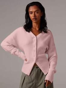 Athîral 女士优质束腰针织开衫女士开衫纽扣开衫薄款开衫V领开衫短款开衫秋冬白色开衫 - 淺粉色 - 查看 1