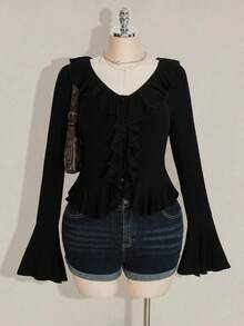 SHEIN ICON 大码女式复古 Y2K 荷叶边领 V 领长袖罗纹针织上衣，秋冬针织毛衣 - 黑色 - 查看 1