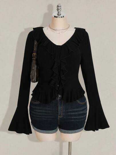 SHEIN ICON 大码女式复古 Y2K 荷叶边领 V 领长袖罗纹针织上衣，秋冬针织毛衣