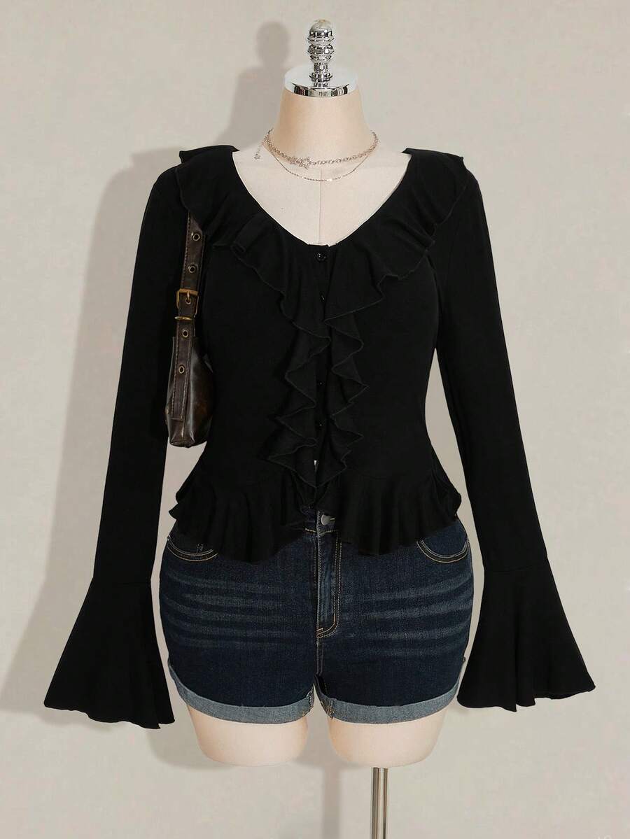 SHEIN ICON 大码女式复古 Y2K 荷叶边领 V 领长袖罗纹针织上衣，秋冬针织毛衣 - 黑色 - 查看 1