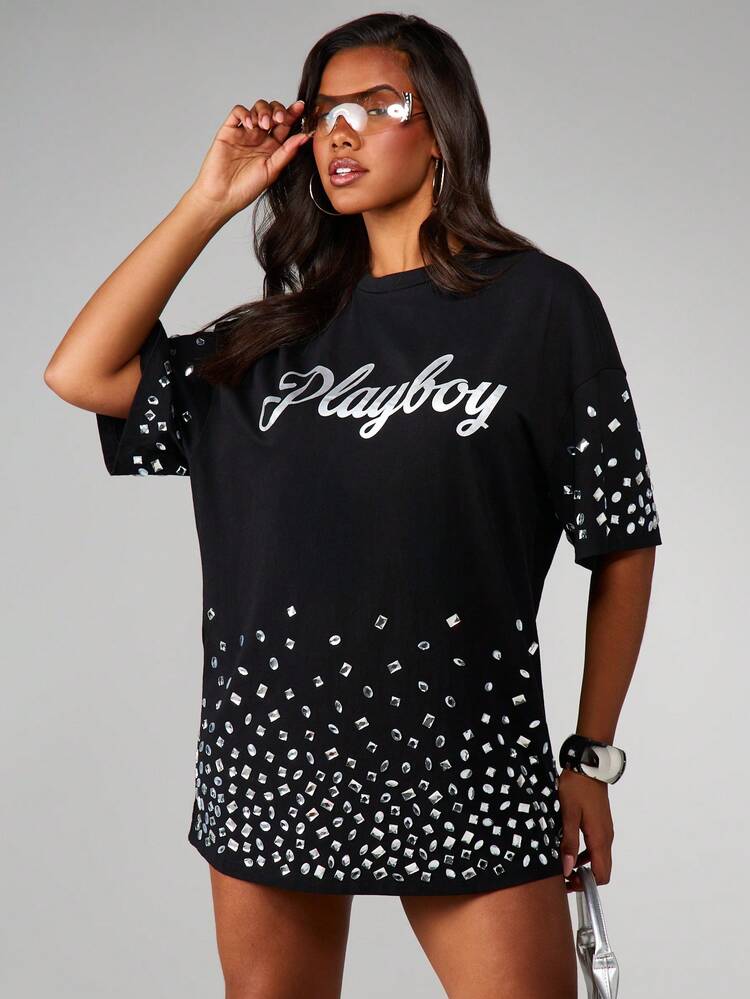 Missguided x Playboy Logo Oversized T-Shirt Dress With Metallic Confetti Print