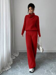 SHEIN Elenzya Bộ áo len dệt kim dài tay màu lạc đà rộng rãi thanh lịch và quần dài hai món, thích hợp để đi làm, mùa thu/đông - Đỏ - Xem 4
