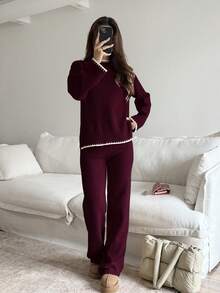 Sunnyshic 2 st set med långärmad tröja och byxor i kontrastfärgad färg för kvinnor - Bourgogne - Visa 6