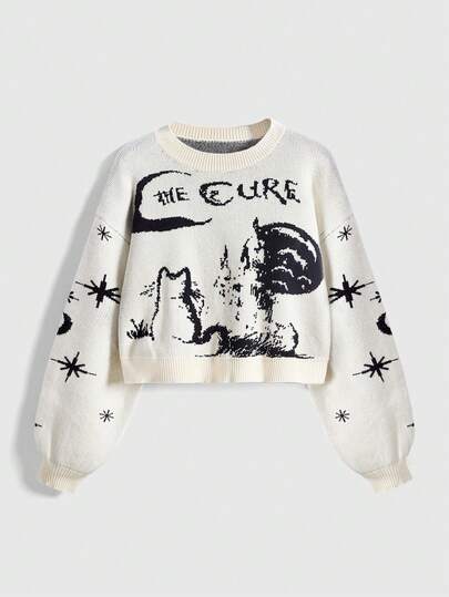 Fairycore Pull basique col rond en tricot jacquard avec chat noir vintage, étoiles et lune pour femmes
