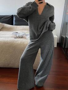 Livesso Ensemble deux pièces pull ample col V et pantalon, décontracté, automne pour femmes - Gris foncé - Voir 5