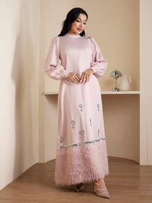 Veilorie Vestido elegante de estilo árabe para mujer con mangas de farol, decoración de flores de rhinestone y dobladillo esponjoso - Rosa - Ver 5